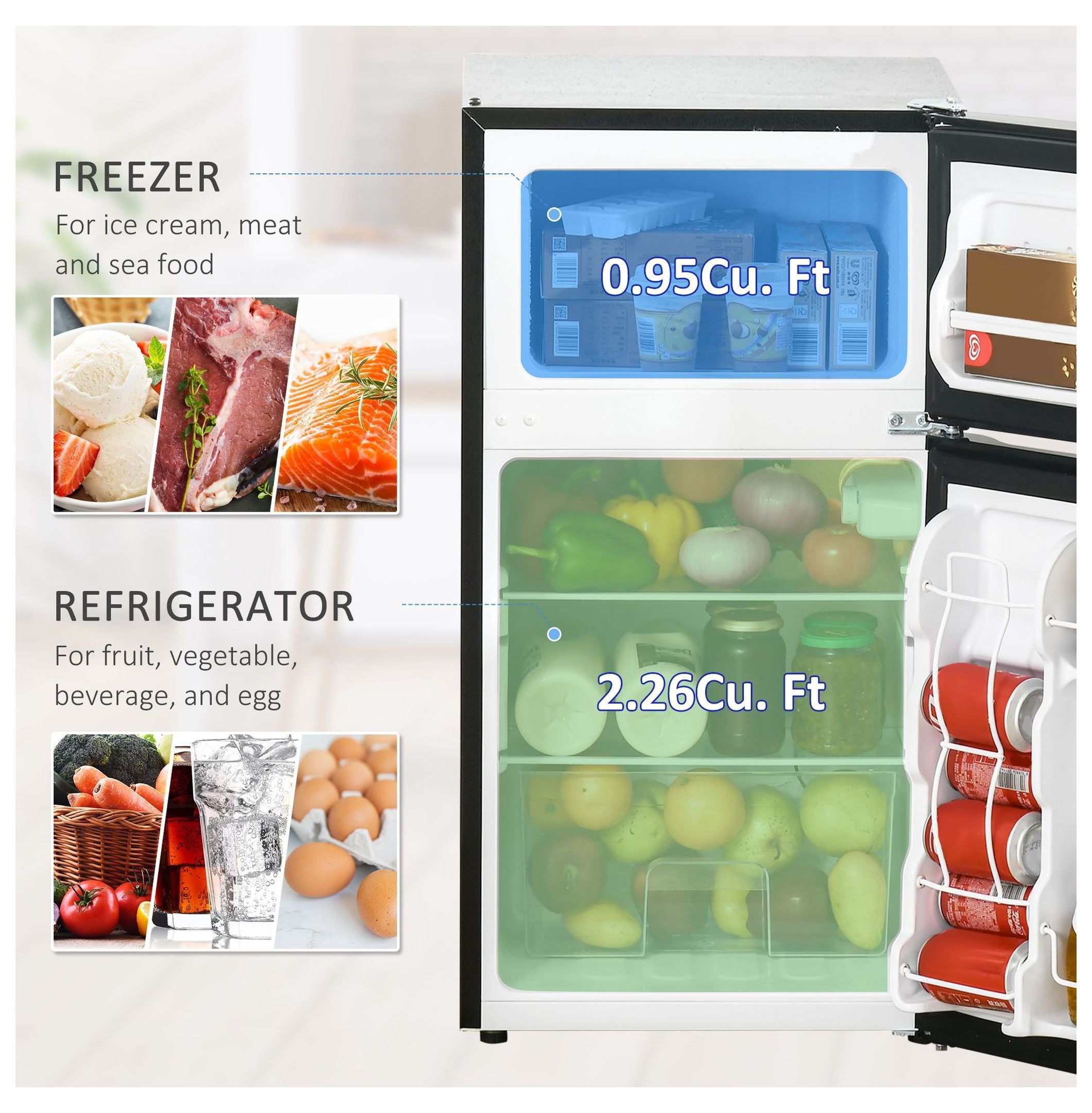 3.2 Cu.Ft Mini Fridge with Freezer - Double Door Refrigerator Adjustable Thermostat Reversible Door Black - Dorm, Apartment, Bedroom