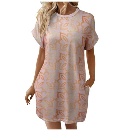 QYZEU Women s Summer Dresses Women Soft T Shirt Dress Short Sleeve Tunic Dress Printed Loose Fit Dress with Pockets Holiday Midi Dresses for Women Pink XL