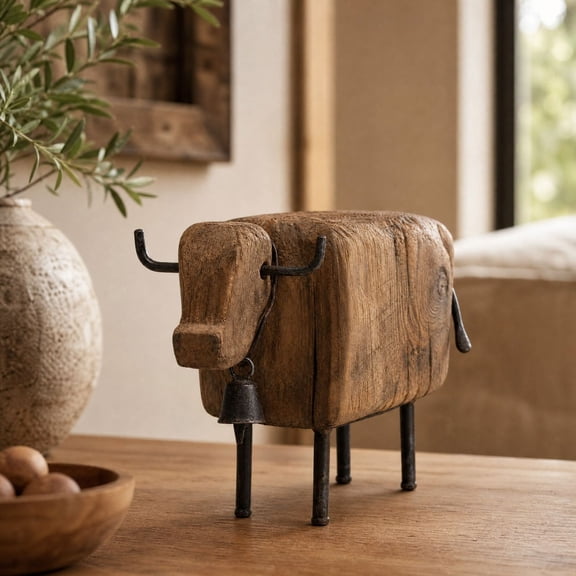 Trivibe Rustic Wooden Cow Figurine with Metal Horns and Bell Handmade Wood Sculpture Farmhouse Tabletop Decor Vintage Animal Statue Ornament for Home Office Living Room Shelf Desktop Display