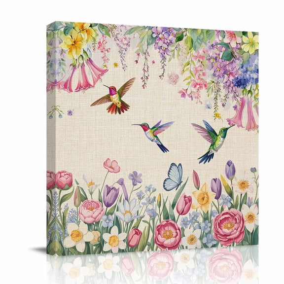 Spring Florals Canvas Wall Art for Living Room, Vintage Watercolor Colorful Floral Leaf Birds Linen Texture Wall Decor Framed Artwork Pictures Ready to Hang for Bedroom Office Home Decor
