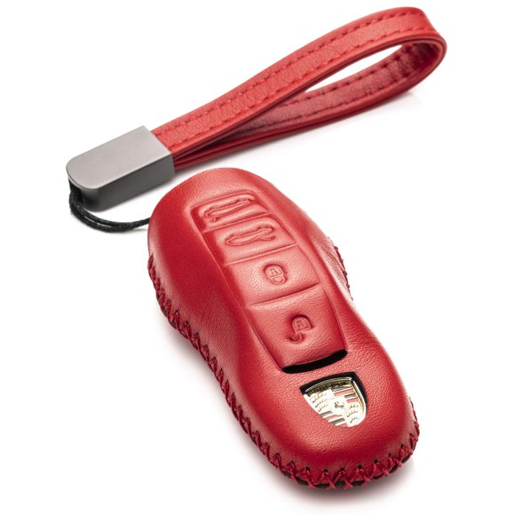 Vitodeco Genuine Leather Smart Key Fob Case with Leather Key Strap - 4-Button, Red - Compatible with Porsche 718, 911, Panamera, Cayenne