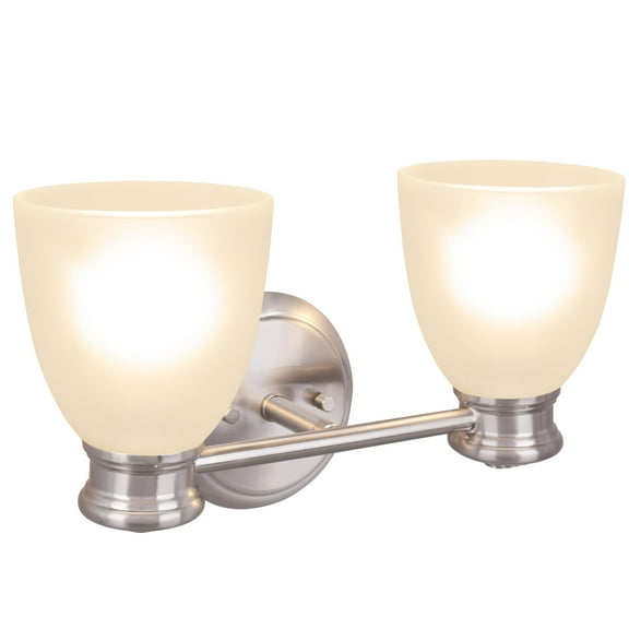 Aspen Creative 62154, Two-Light Metal Bathroom Vanity Wall Light Fixture, 14-3/4" Wide, Transitional Design in Satin Nickel with Frosted Glass Shade