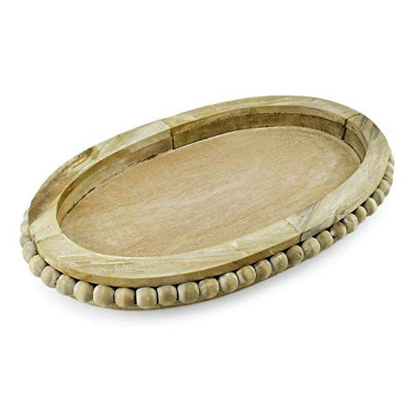 AuldHome Wood Beaded Tray, Decorative Farmhouse Style Distressed