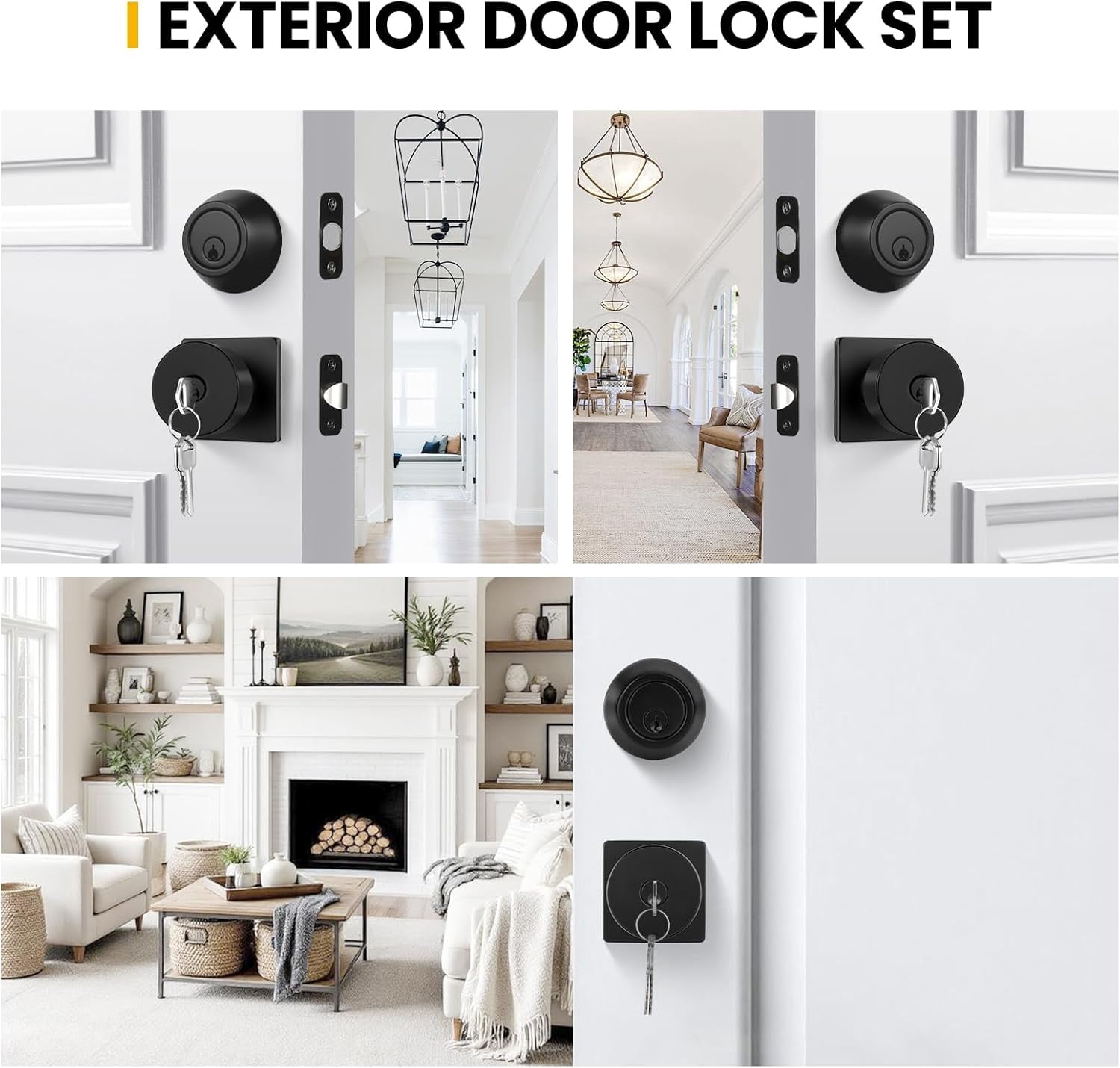 Matte Black Exterior Door Knob with Lock and Key, Keyed-Different Deadbolt Lock and Door Knob Set 3 Pack Set
