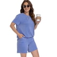 thumbnail image 3 of Asklazy Two Piece Sets for Women Summer Travel Vacation Outfits Pleated Short Sleeve Lounge Sets,Mother‘s Day,Blue,L, 3 of 9