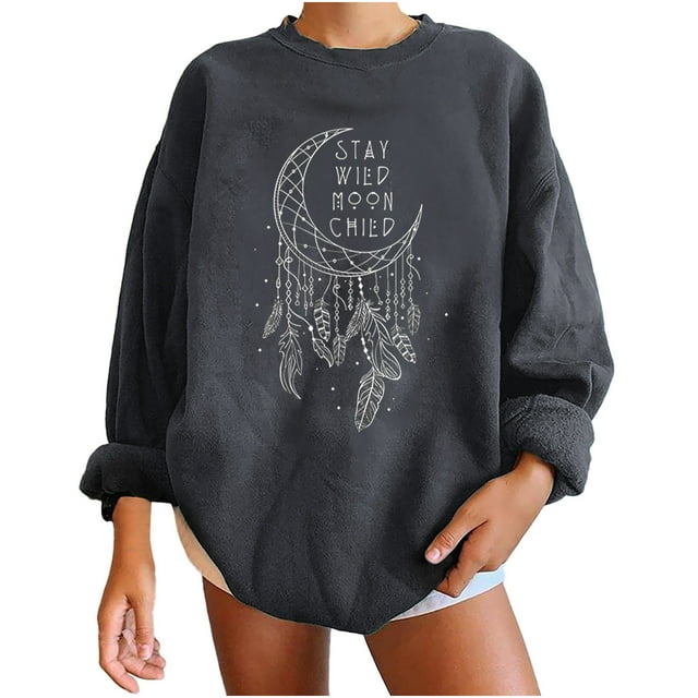 DPTALR Women Print Loose O-Neck Long-Sleeved Fleece Oversized Sweatshirt Pullover