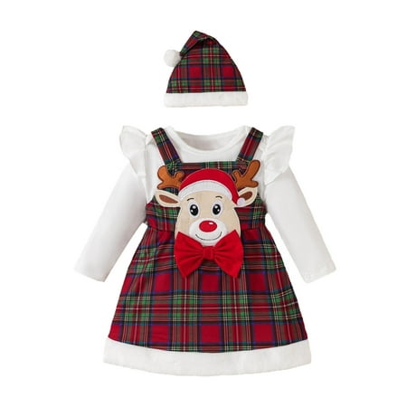 

WUXIAN Toddler Girls Christmas Long Sleeve Romper Bodysuit Xmas Cartoon Plaid Printed Suspender Skirts Outfits Baby Onesie Children Simple Dailywear