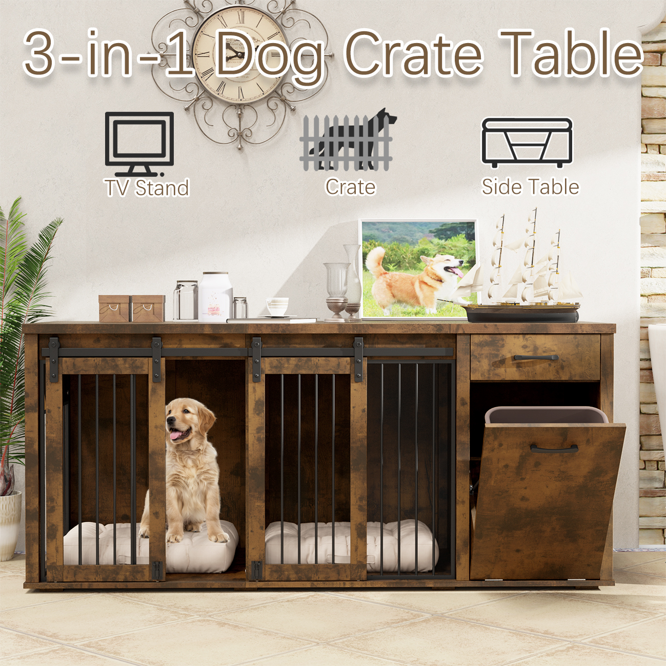 Multi- Functional Dog Crate Furniture for 2 Dogs with Divider and Sliding Doors, Large Dog Kennel with Storage Drawer and Tilt Out Trash Cabinet,Rustic Brown