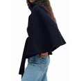 thumbnail image 3 of Ponchos con Mangas de Murciélago para Mujer, Abrigo de Lana con Cuello Alto y Cinturón, Chaqueta Corta de Invierno Marina S, 3 of 7