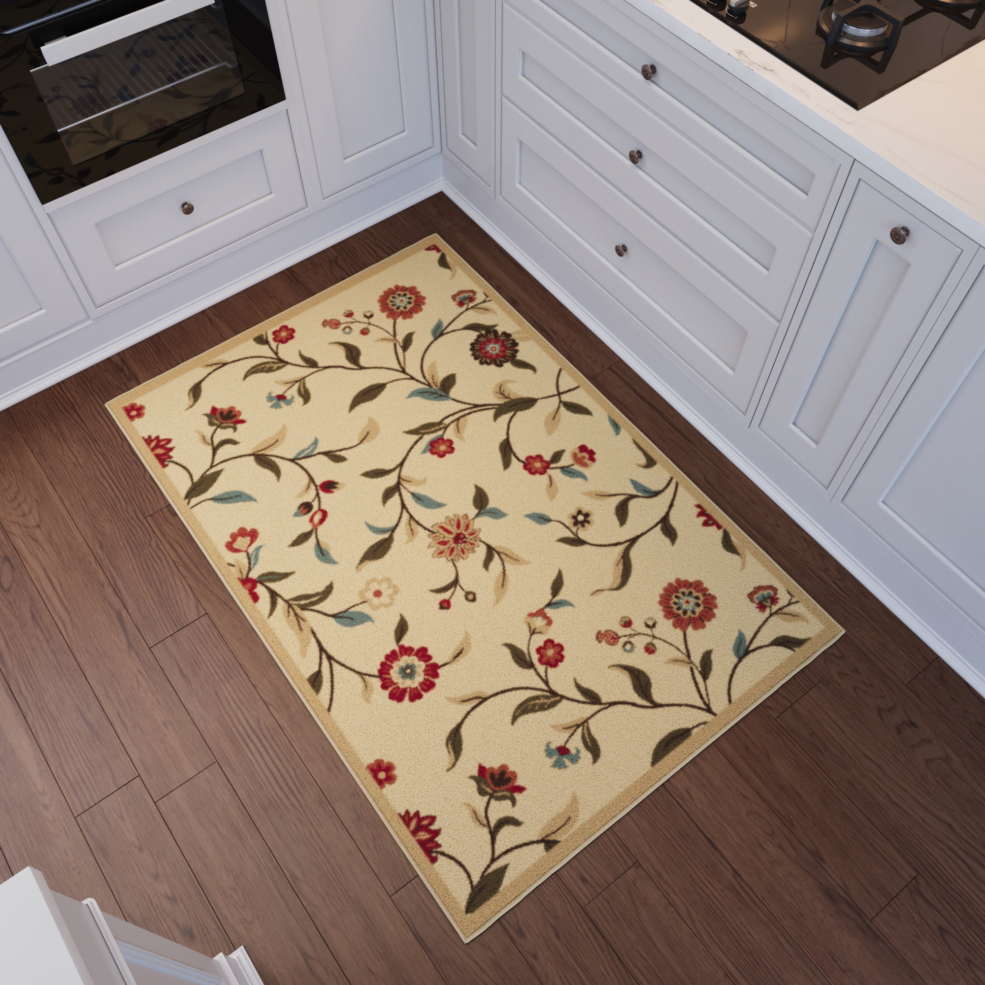 Ottomanson Non-Slip Indoor Entryway Rug 1'10.5" x 3' – Low Pile Stain Resistant Door Mat, Floral Beige