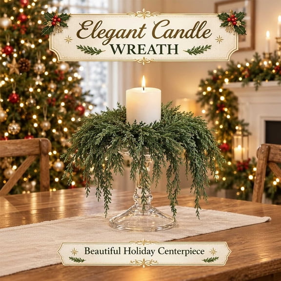12‑Inch Artificial Mini Cedar Wreath Ring, Small Christmas Candle Ring Wreath, Green Faux Evergreen Garland for Candle Holder, Table Centerpiece, Door Wall Window Xmas Home Holiday Decor