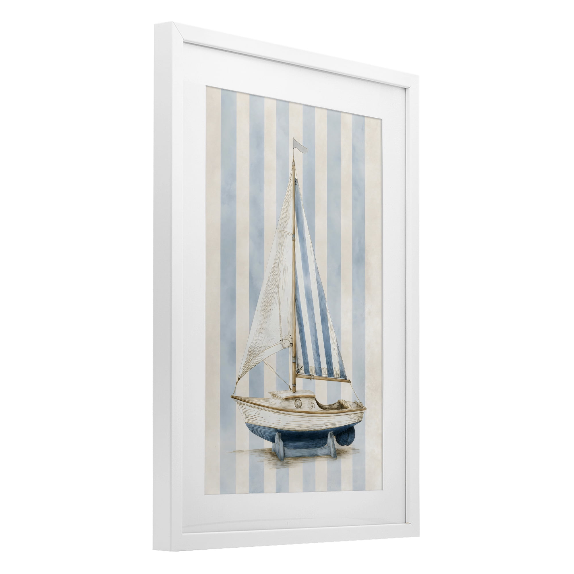 Stupell Industries Seaside Stripes Sailboat White Framed Print Under Glass, design by Petal Prints Design