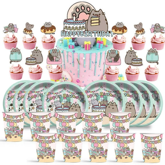 Pushee Cartoon Cat Birthday Cups Party Supplies Plates Fans Decorations Cake Topper Decor