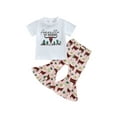 thumbnail image 2 of Toddler Kids Baby Girl Western Bell Bottoms Outfits Short Sleeve Cow Print T-Shirt Tops Flare Pants Set Cowgirl Clothes (White + Pink Cow Print, 3-4 Years), 2 of 9