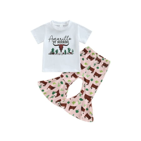 

WakeUple Toddler Kids Baby Girl Outfit Cow Print Short Sleeve T-Shirt Top Cartoon Flared Pants Set Western Clothes