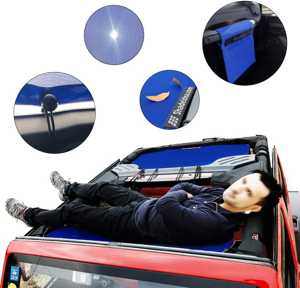 Shadeidea Jeep Wrangler Sunshade JL Unlimited (2018-Current) 2 Door and 4 Door Front-Blue Mesh Screen Sunshade JLU SAHARA RUBICON SPORT S Top Cover UV Blocker with Grab Bag-10 years Warranty