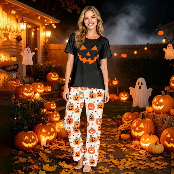 Family Matching Halloween Pajamas Set Bat Ghost Short Sleeve Horror Pajamas Candy Pumpkin Spooky Wide Leg Pjs, Women:XL