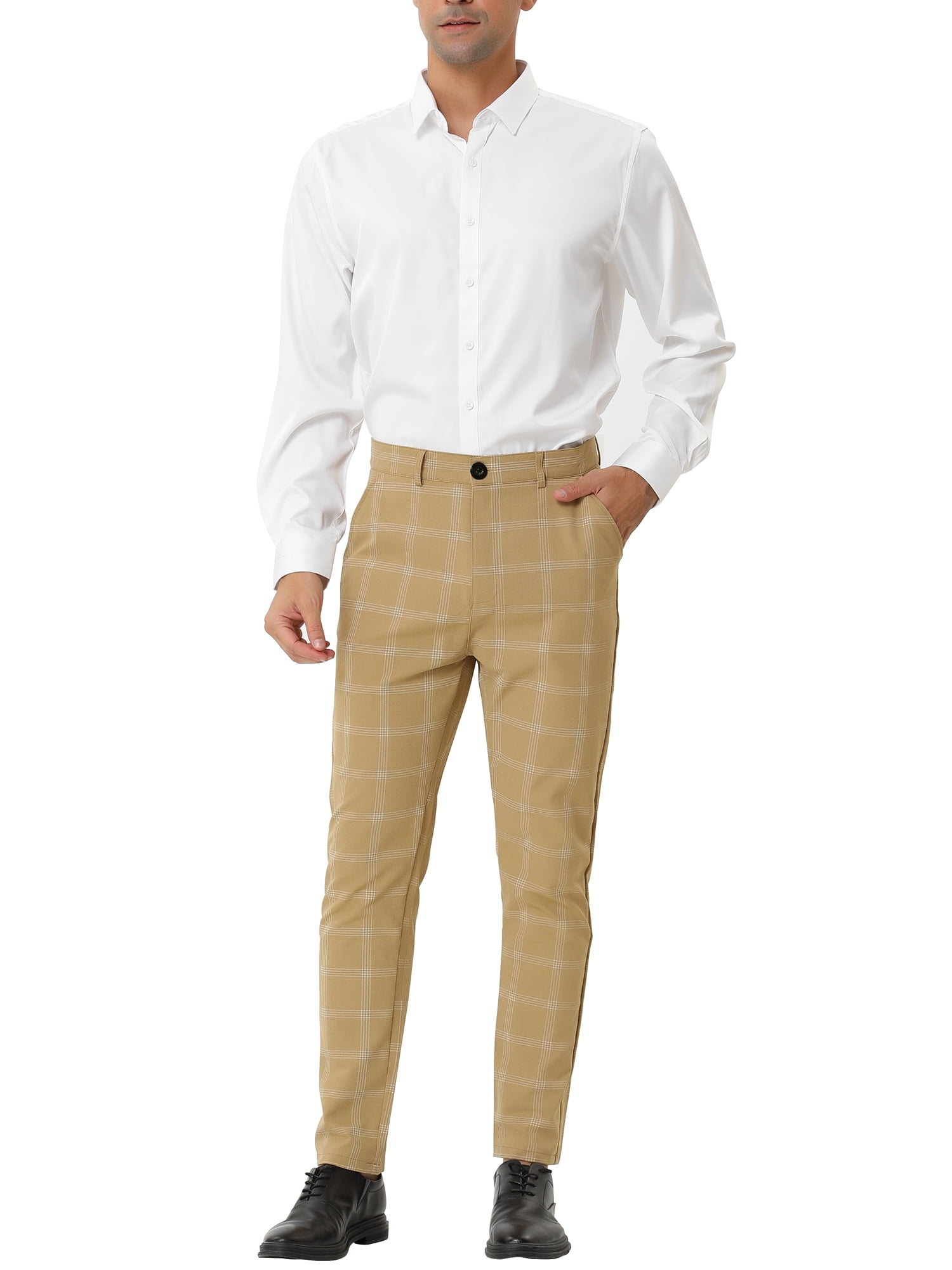 Unique Bargains Men's Plaid Pattern Slim Fit Flat Front Business Pants with Pockets 36 Khaki