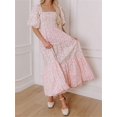 thumbnail image 2 of Pink Boho Floral Print Square Neck Puff Sleeve A-Line Tiered Maxi Dress With Smocked Waist, 2 of 8
