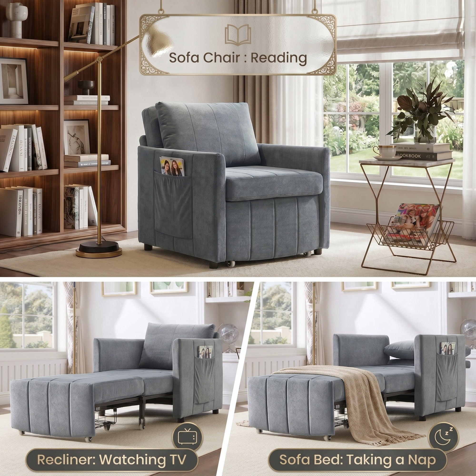 Sailvan 31.5" Convertible Pull Out Sofa Bed, Adjustable Chenille Sleeper Chair with Storage Grey