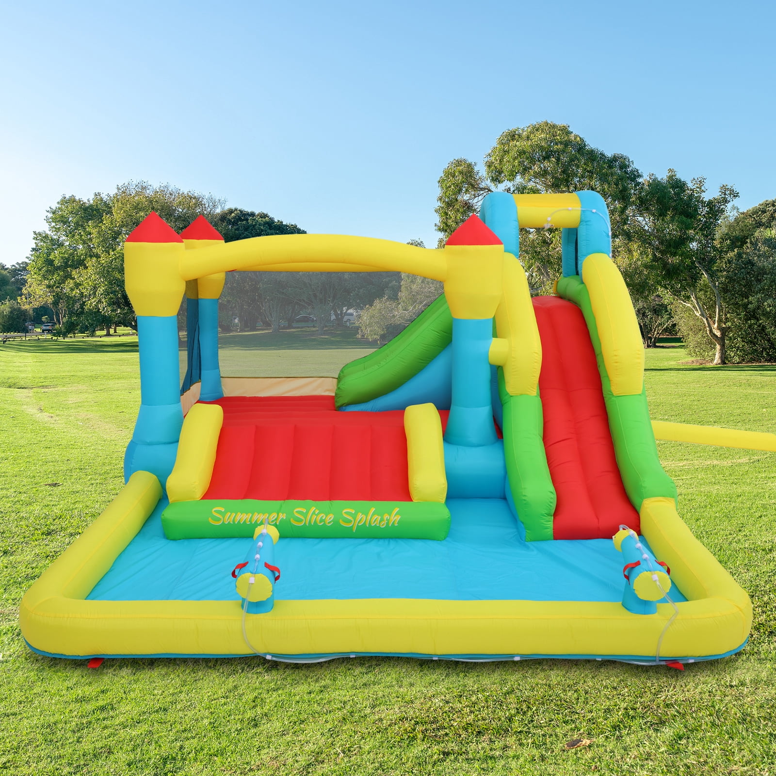 Funcid Inflatable Bounce House with 3 Slide Blower, Pool, Water Cannon, Climbing Wall, Basketball Hoop, Boxing, Wet & Dry, Suit for Indoor Outdoor, 187x133x80 Inch