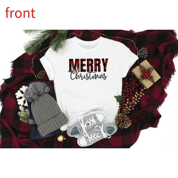 Merry Christmas Plaid Tee T Shirt Graphic Tees Tops Typography Holiday Design Short Sleeve Round Neck White S-5XL