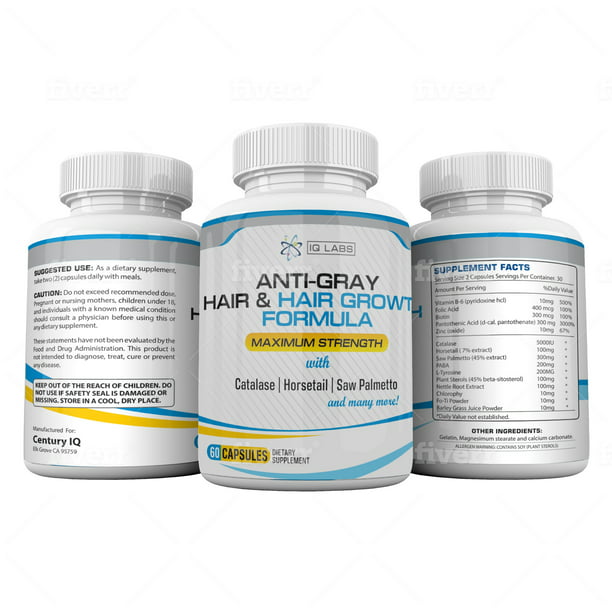 Anti-Gray and Hair Growth Catalase Formula | Multivitamin Pills with Biotin,  B5 B6, Zinc, Horsetail, Saw Palmetto, PABA, Fo-Ti, Bamboo Extract, Folic  for Breakage and Graying Prevention 