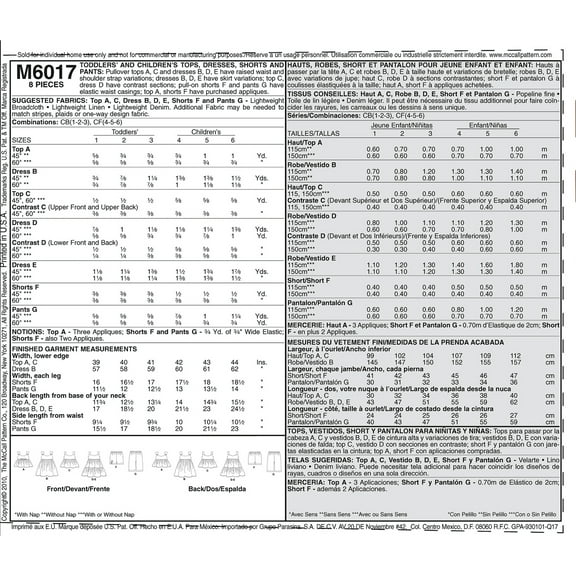 McCalls Sewing Pattern 6017 Children's Casual Wear
