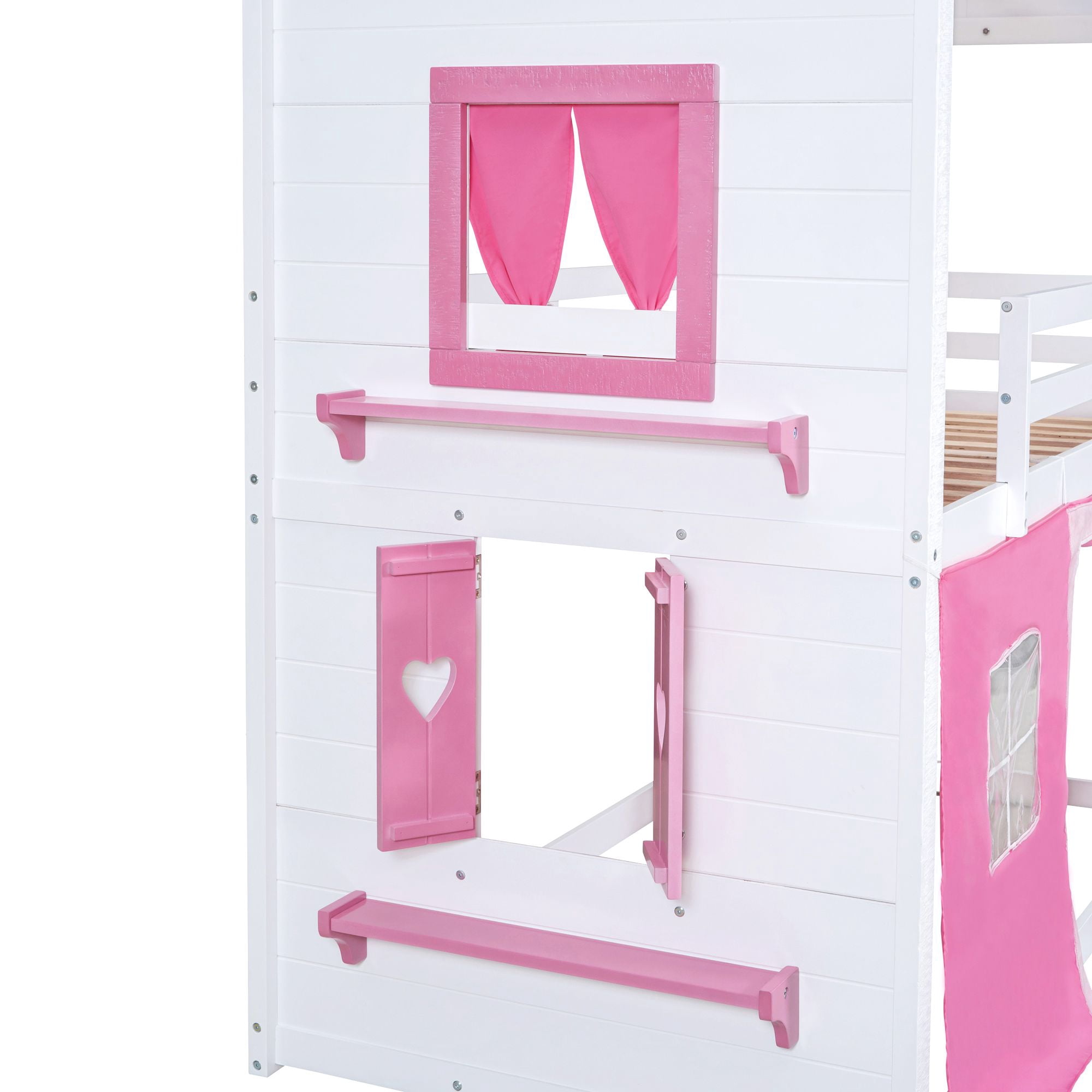 Aukfa Twin over Twin Bunk Bed with Tent and Roof, Wood Playhouse Bed for Kids, Pink
