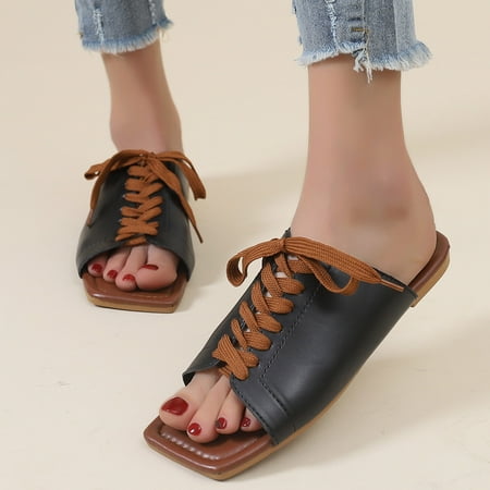 

Summer Slippers For Women Beach Accesseories Flip Flops For Women Fashion Spring Summer Women S Slippers Square Toe Flat Bottom Light Open Toe Solid Lace Up Comfortable Casual Style Swimming Pool Acce