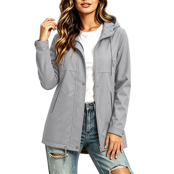 Admvng Women's Mid-Length Jacket Hooded Windproof Drawstring Pocket Lightweight Soft Outdoor Casual Coat