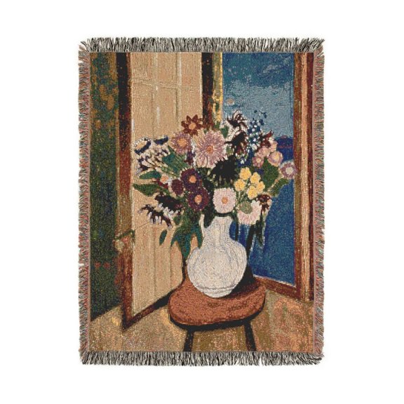 Painterly Multicolor Floral Bouquet in White Vase Woven Throw Blanket, 100% Cotton, Vintage-Inspired Home Decor