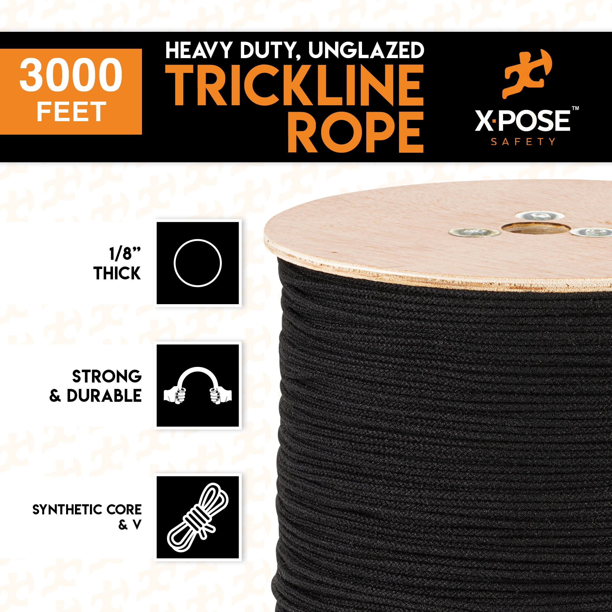 Black Unglazed Trickline Rope-3,000ft x 1/8inch Spool Cable Organizer-for Utility-Xpose Safety