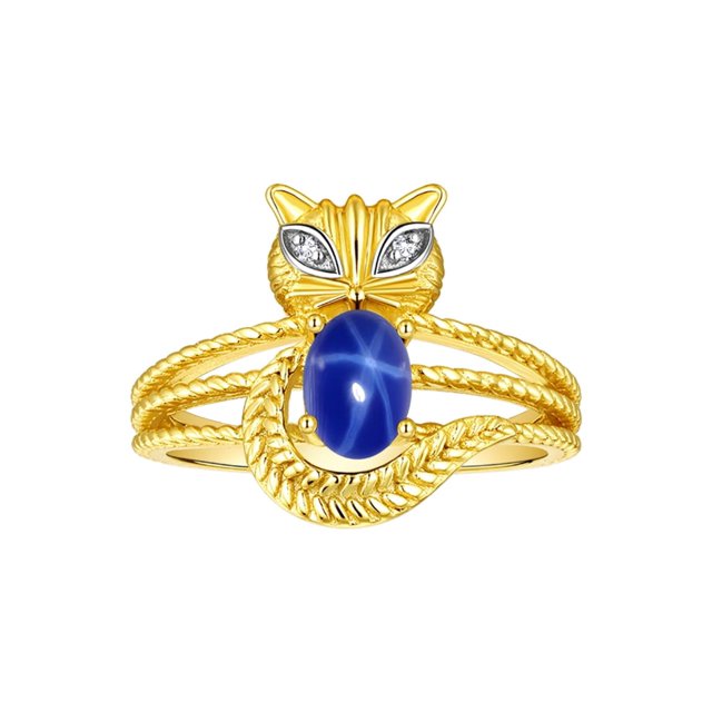 RYLOS Rings for Women 14K Gold Plated Silver CAT Ring 7X5MM Oval Gemstone & Sparkling Diamonds Blue Star Sapphire Jewelry Size 7
