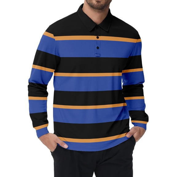 YMNXA Mens Polo Shirt Long Sleeve Lapel Button Down Striped Print Comfortable Breathable Top For Casual Daily Wear Blue L