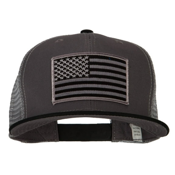 American Grey Flag Patched Big Size Flat Bill Trucker Cap - Black Charcoal XL-3XL