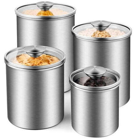 Deppon Airtight Canister Set, 4-Piece Stainless Steel Food Storage Container with Tempered Glass Lids for Kitchen Counter Coffee Tea Nuts Sugar
