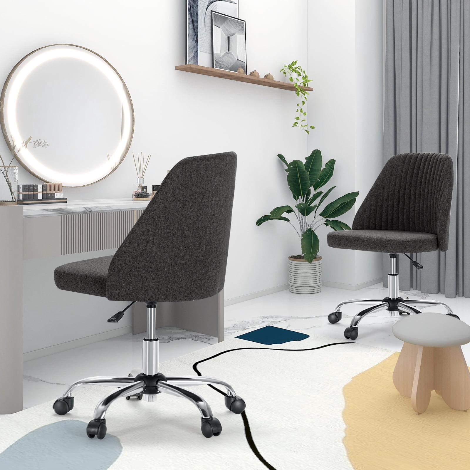 JOINSUN Mid-Back Vanity Chair, Adjustable Rolling Chair, Armless Modern Design for Home Office, Makeup & Small Spaces - Light Gray