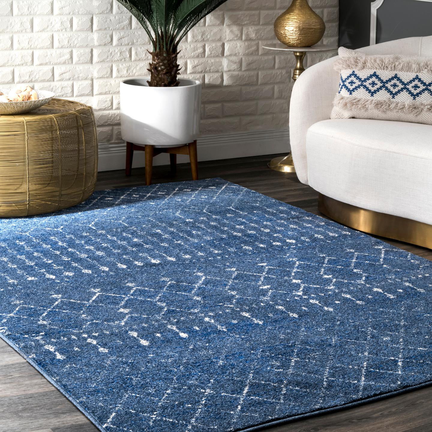Blue Geometric Moroccan Large Rugs Worn Look Durable Budget Area Mat Runner Rug 