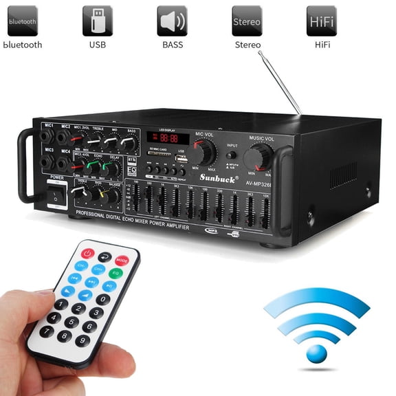 Sunbuck bluetooth Home Theater Stereo Amplifier Receiver, Peak 2000W HIFI AMP FM/MP3 Radio USB/SD/4-Mic, 2 Tack Output with EQ for Home Theater and Car