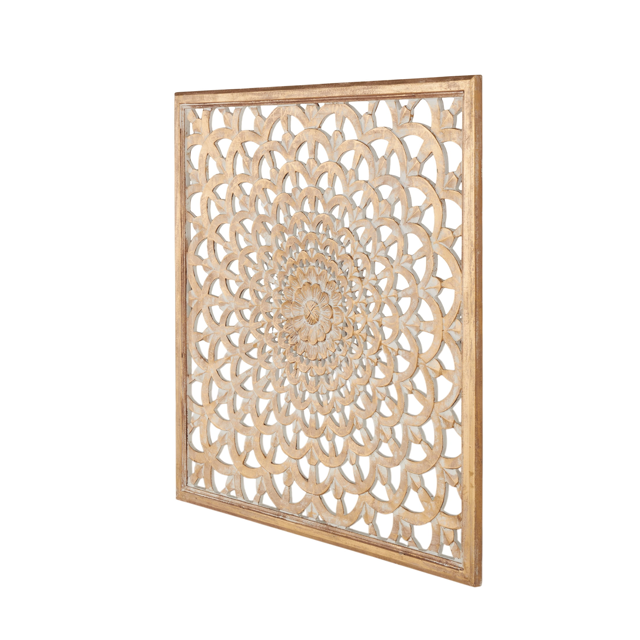 DecMode Traditional Carved Wood Floral Patterned Wall Décor with Brown/White Distressed Finish, 36"W x 36"H