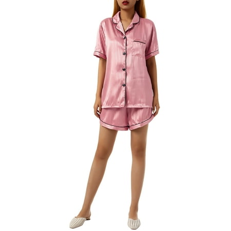 

Women s Striped Silky Satin Pajamas Set Short Sleeve Lapel Collar Buttoned Shirt Tops Elastic Waist Stripe Short Pants Sleepwear