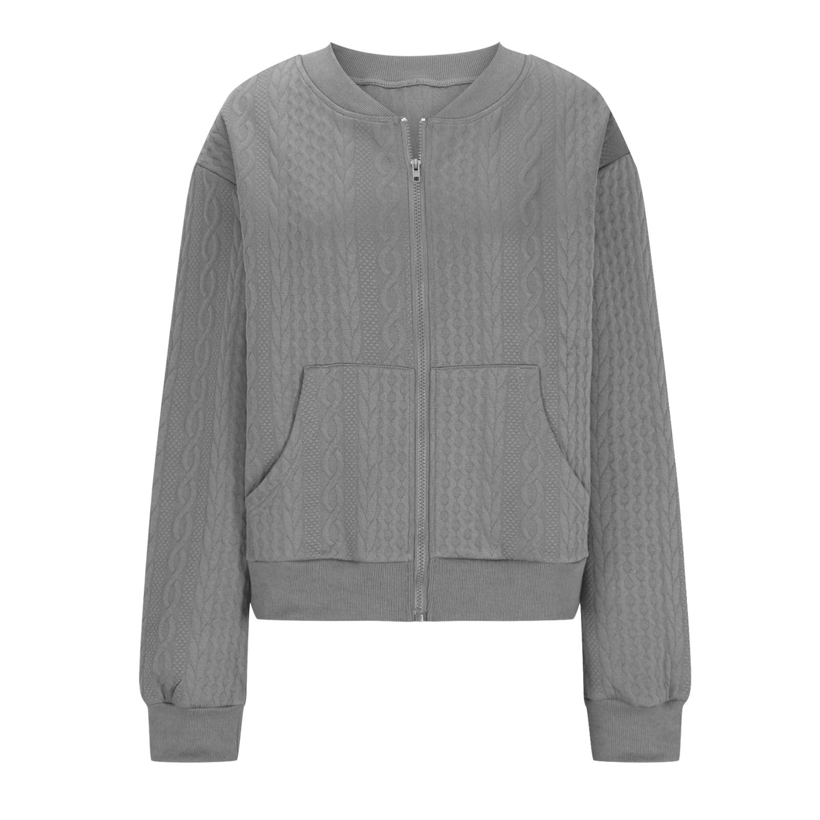 Fartey Women's Zip Up Cardigan Sweater Knit Cable Long Sleeve Jackets Soft Comfy Crewneck Casual Cardigans Fashion Simple Solid Color Coat Gray S
