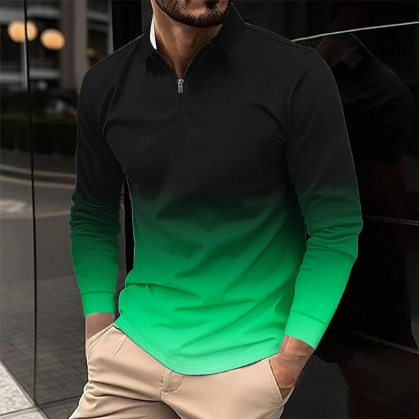 Blusa y camisa de manga larga con cuello vuelto para hombre, informal, con cuello vuelto, estampado, para fitness, deportiva, de manga larga, de poliéster