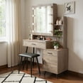 thumbnail image 3 of Space Vanity Desk with Mirror and Light, Makeup Vanity with Sliding Mirror, 3 Lighting Modes Adjustable Brightness, Bedroom Dressing Table, 4 Drawers, Cushioned Stool, Brown, 3 of 9