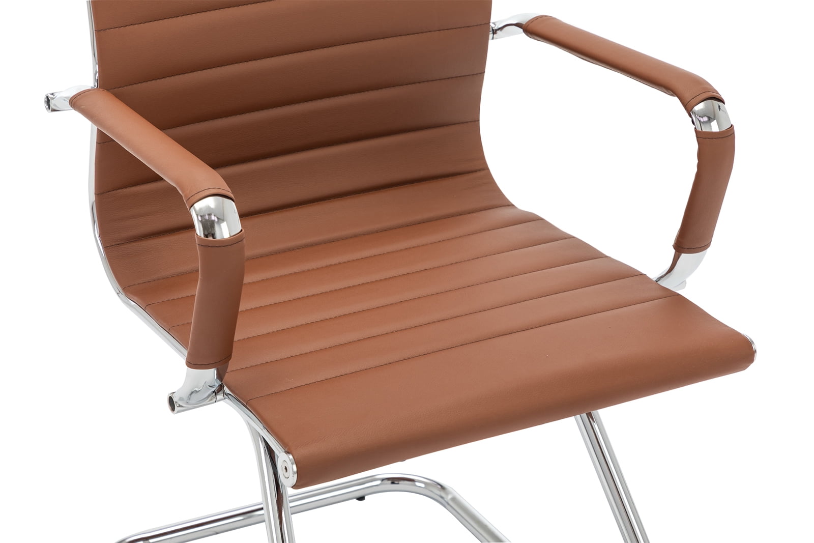 Guyou Modern Mid Back Office Guest Chair Set of 2, Faux Leather Reception Chair Computer Chair with Armrests and Metal Sled Base for Meeting/Waiting/Conference Room, No Wheels, Coffee