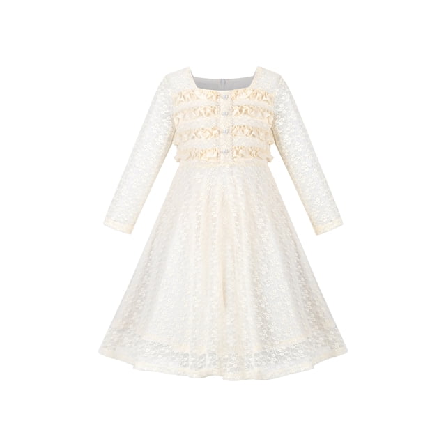 Robe Fille Beige Dentelle Florale Volant Perle Fête Concours Mariage 12 Ans