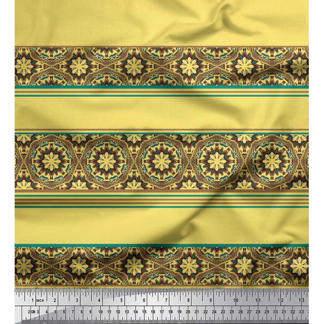 Soimoi Polyester Crepe Fabric Stripe & Mandala Kaleidoscope Decor Fabric Printed Yard 42 Inch Wide