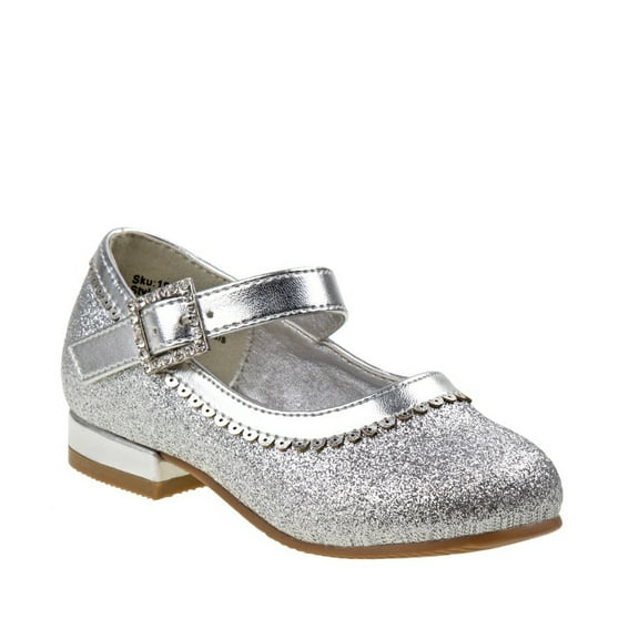 Josmo Toddler Girls Buckle Strap Low Heel Dress Shoes, Silver Glitter, 12.