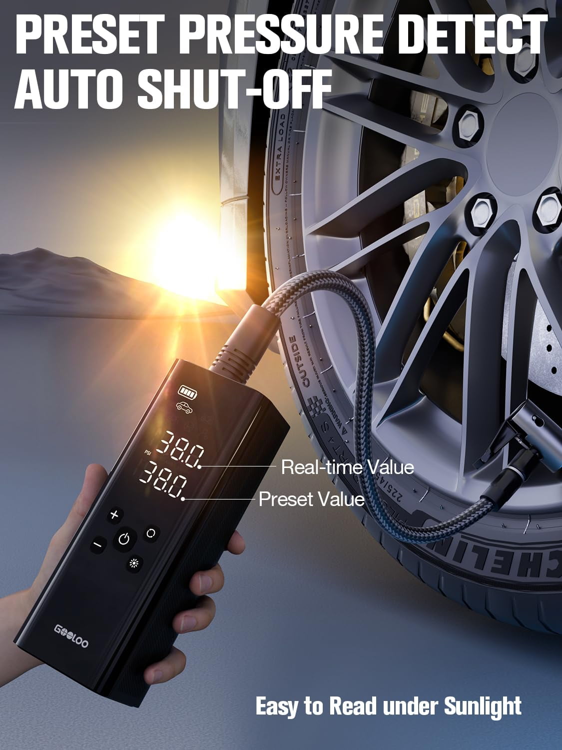 GOOLOO GT150 Cordless Tire Inflator, 7500mAh 150 PSI Air Compressor, Digital Pressure Gauge, Auto Shut-Off, Emergency LED Light, Compact Air Pump for Car & Bike